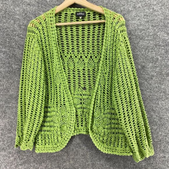 One Resource Top Women M Medium Green Crochet Open Front Long Sleeve Casual - Picture 4 of 9